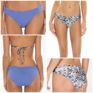 NWT BECCA Reversible Hipster Bikini Bottom Swimsuit Leopard / Blue Ruching Sz L